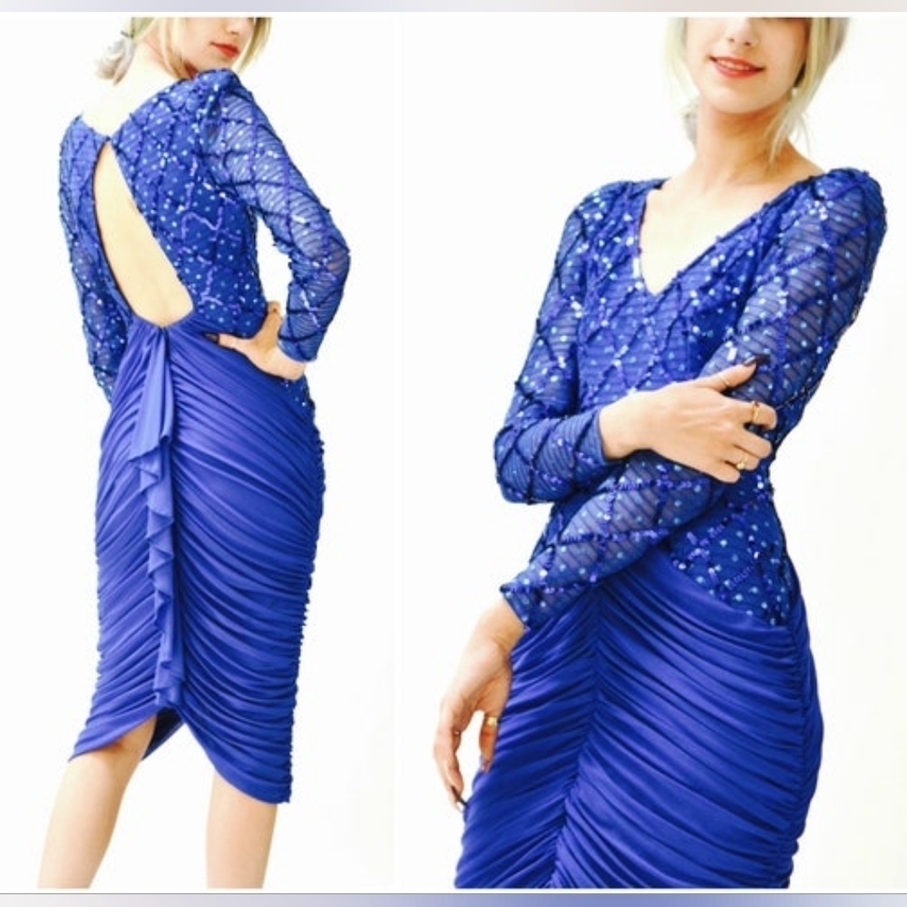 New Leaf Dress By Samar Size 9/10. Rare Blue Sequins, Vintage  Body Con Ruche FL